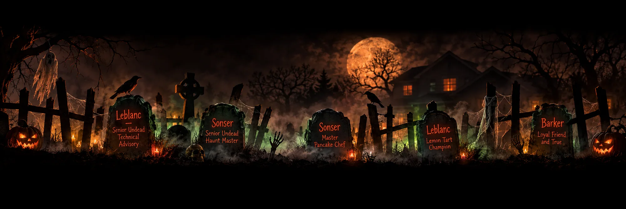 A full night yard of glowing tombstones, including the Sonser, Leblanc, and Barker stones.